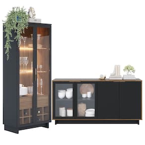 Kit para Sala de Jantar com Cristaleira Led e Buffet Aparador Porta Vidro Preto Colibri