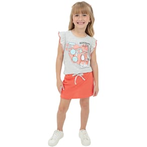 Conjunto Blusa Estampada Meia Malha Short Saia Salmão Verão