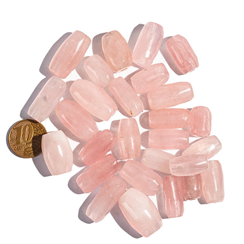03 Barril Furado Longitudinal Pedra Quartzo Rosa 20mm Tipo B