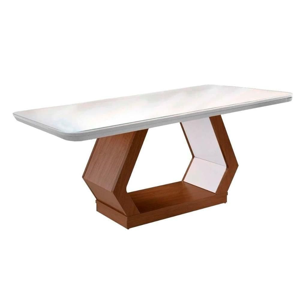 Mesa De Sala Jantar Alvorada + Tampo Madeirado Vidro Curvo 180x90cm Imbuia/off White - Rufato