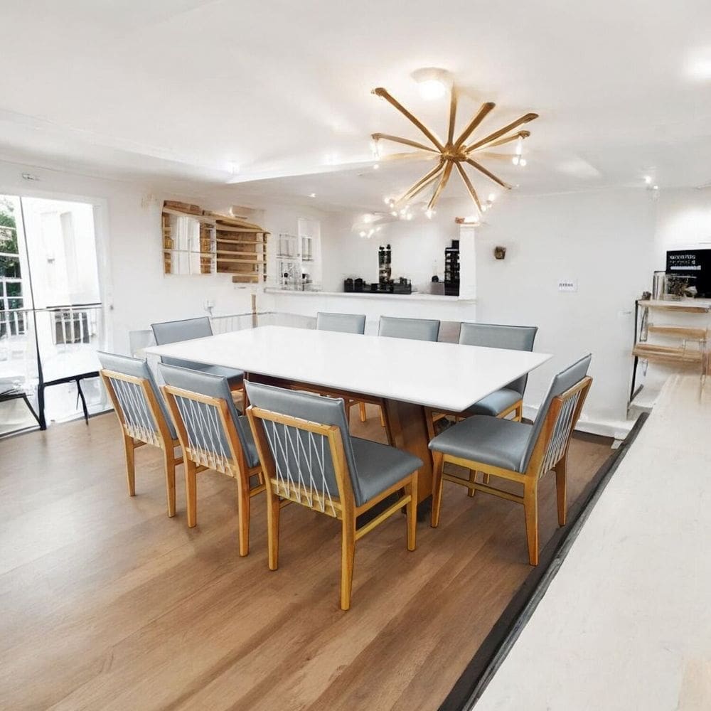 Sala de Jantar Viena base+tampo 2,20x1,10, com 8 Cadeiras Rope Verniz Nogueira Marrom/Cinza
