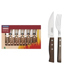 Jogo De Talheres Jumbo Churrasco Lâminas Em Aço Inox E Cabos De Madeira Natural 12 Peças
