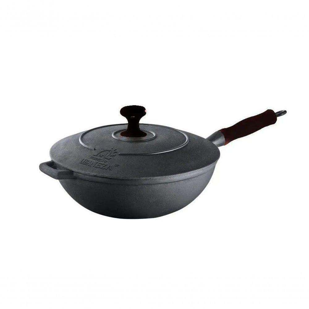 Panela Wok Em Ferro Fundido Com Cabo Silicone Preto