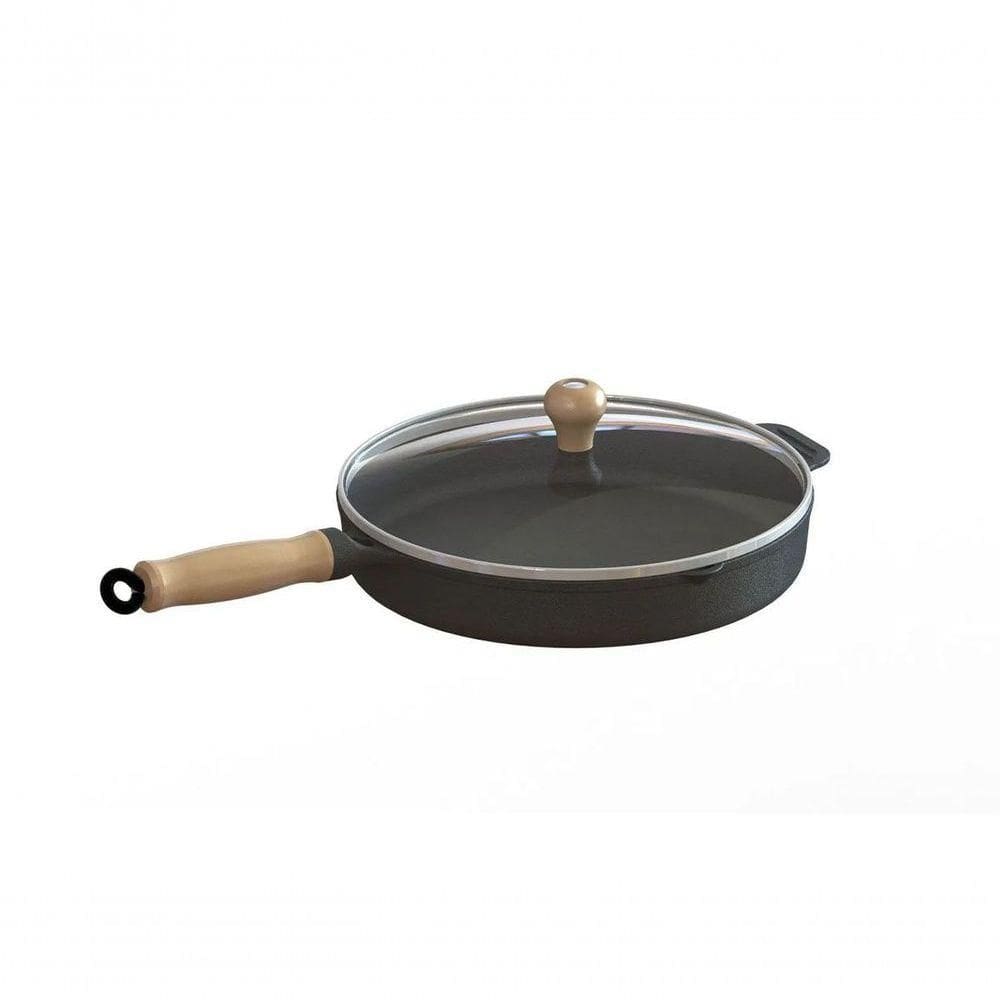 Frigideira Ferro Fundido Com Tampa Vidro Cabo Madeira 22Cm