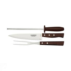 Jogo Para Churrasco Em Aço Inox Com Cabo Marrom Madeira E Polipropileno 3 Peças