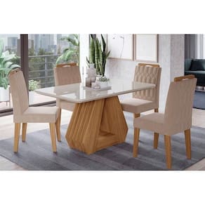 Sala De Jantar Completa ágata Tampo Madeirado C/ Vidro 130x80cm E 4 Cadeiras Paola Nature/ow/nude - Cimol