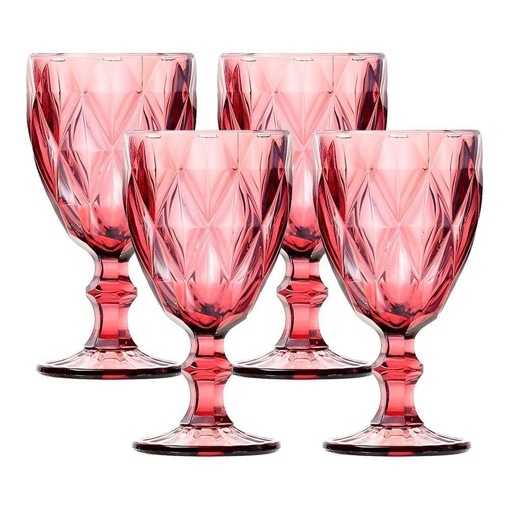 Jogo 4 Taças De Vidro Diamond Diamante Rosa Lilás 300ml água Class Home