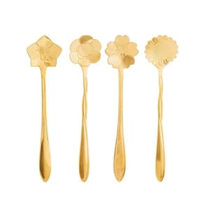 Conjunto 4 Colheres Chá Flores Aço Inox Dourado