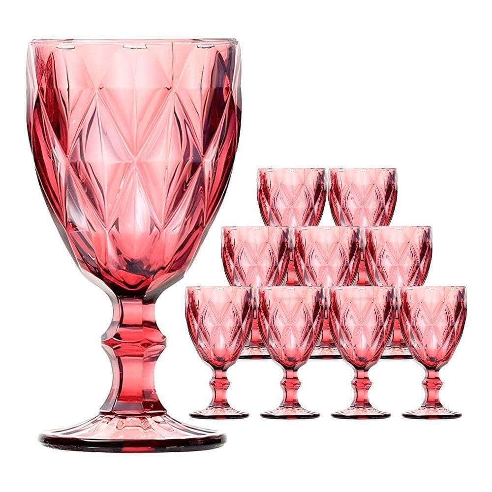 Jogo 10 Taças De Vidro Diamond Diamante Rosa Lilás 300ml água Class Home