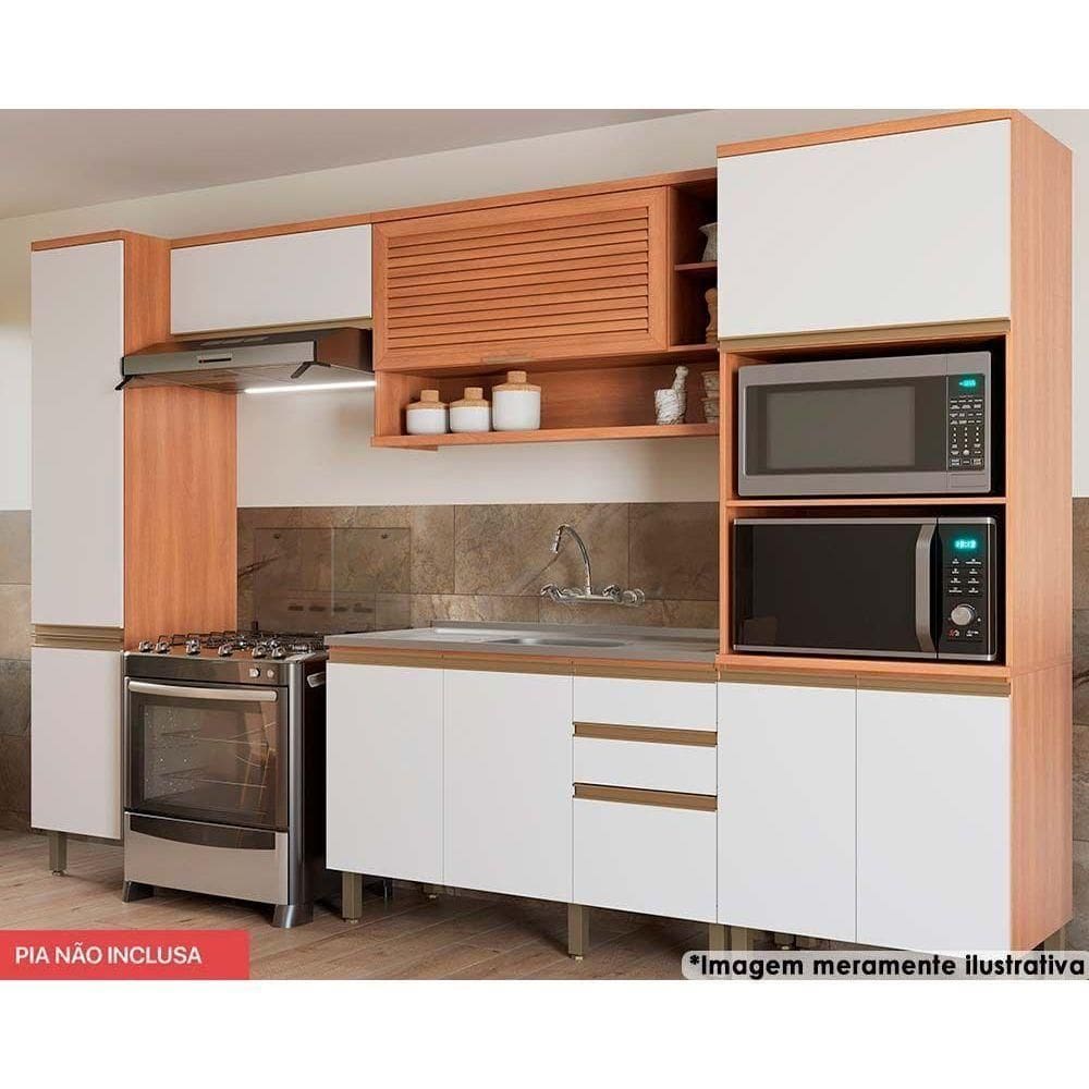 Cozinha Completa Thela Macadâmia (2 Aéreos + 1 Balcão + 2 Paneleiros) 5pçs Freijo/branco - Telasul