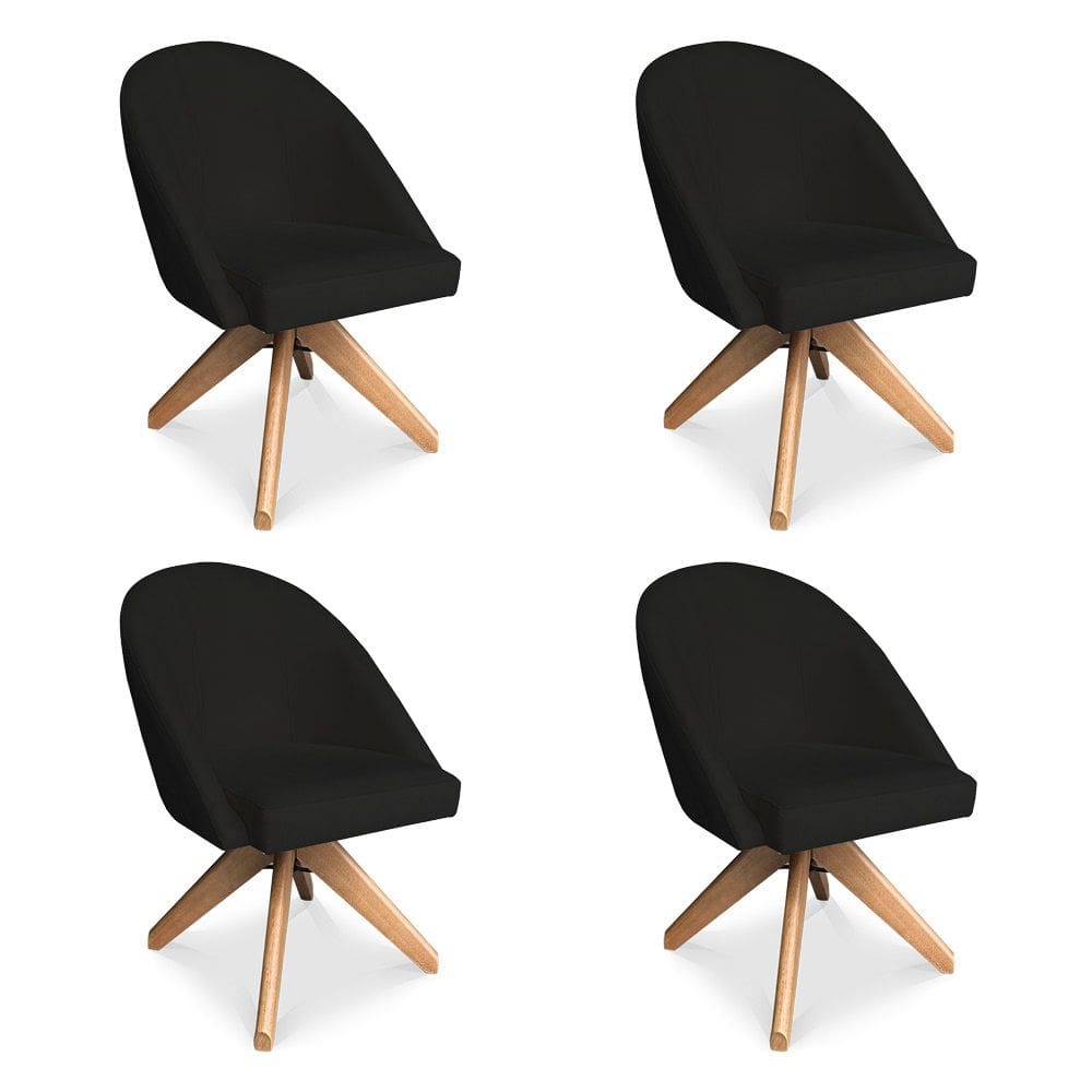 Kit 04 Poltronas Cadeira Giratória Bela Suede Preto Base de Madeira - Pallazio