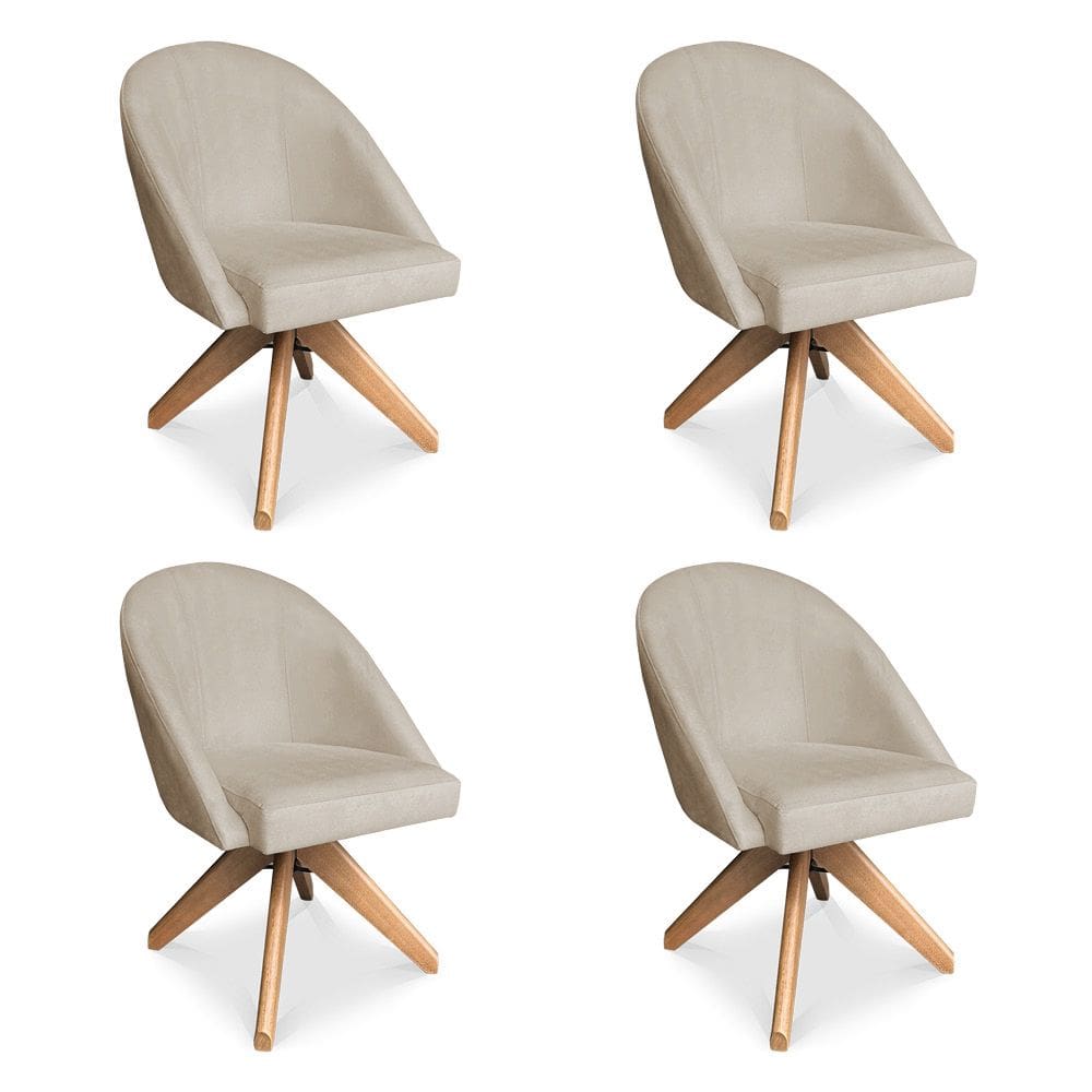 Kit 04 Poltronas Cadeira Giratória Bela Suede Bege Base de Madeira - Pallazio