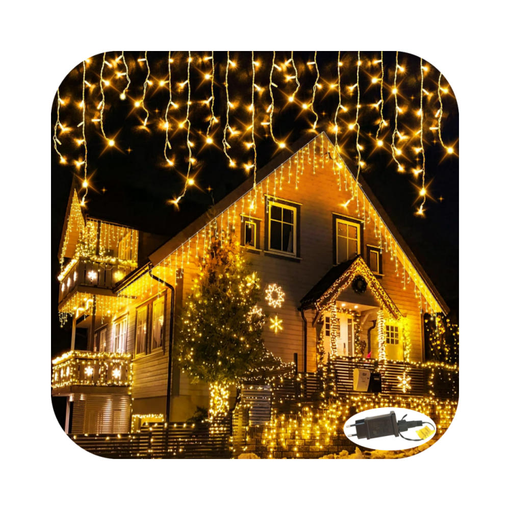 Cascata 320 Led 10 Funções Prova D`água 31v Bivolt Fio Branco 8m Uso Externo Natal