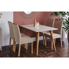 Sala De Jantar Completa Adele Tampo Madeirado C/ Vidro 130x80cm E 4 Cadeiras Fernanda Madeira/off White Suede/nude - Cimol