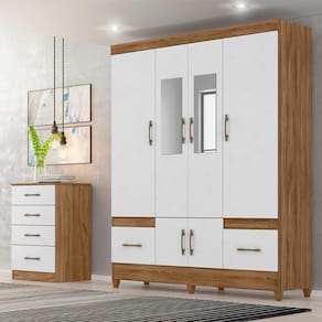 Kit Guarda Roupa Casal Com Espelho Ms 912 + Cômoda Ms 913 Moval - Naturale / Branco