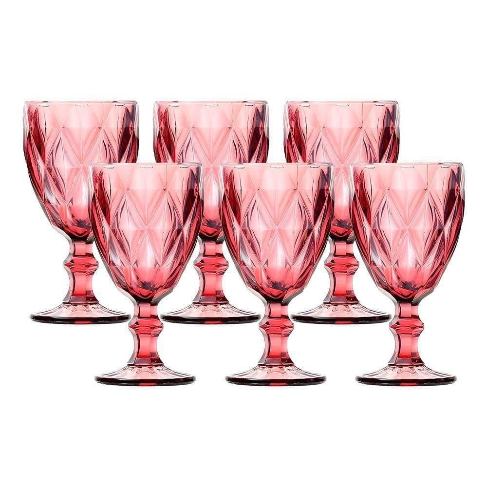 Jogo 6 Taças De Vidro Diamond Diamante Rosa Lilás 300ml água Class Home
