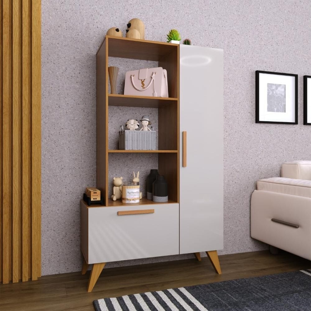 Estante Multiuso 80cm 1 Porta 1 Gaveta Atenas Fidelitá Freijó/Off-White