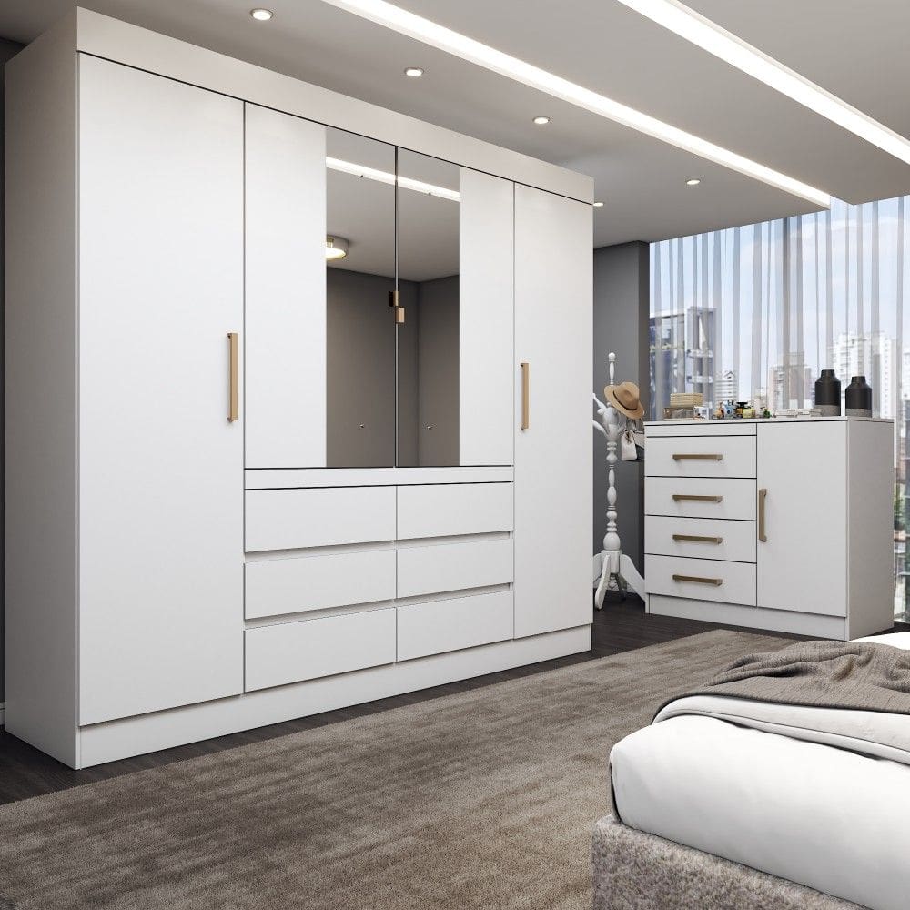 Quarto Completo Casal Marrom 5 Portas 10 Gavetas com Espelho Branco - Panorama Móveis