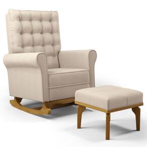 Poltrona De Amamentação Balanço E Puff Base De Madeira Brenda G05 Linho Creme - Mpozenato