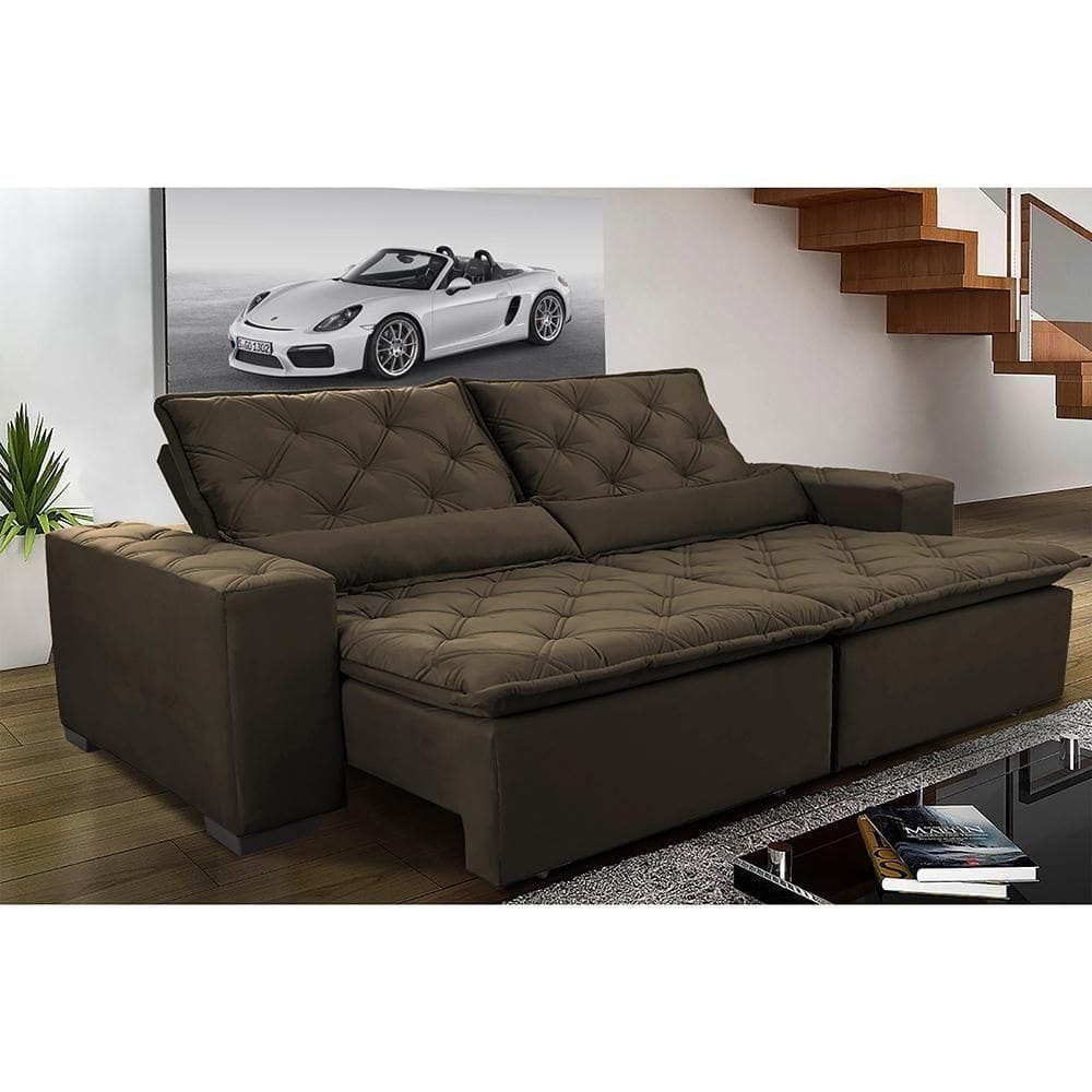 Sofá Magnum 2,42m Retrátil, Reclinável Com Molas E Almofadas Lombar Tecido Suede Velusoft Café