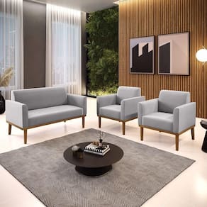 Conjunto 2 Poltronas E 1 Namoradeira Decorativa Pés Fixo Em Madeira Castanho Suede Cinza