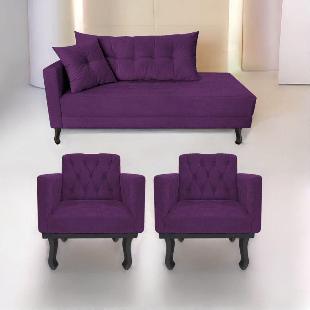 Kit Diva Recamier Azura 140Cm Lado Direito E 02 Poltronas Classic Suede - Doce Sonho Móveis Roxo