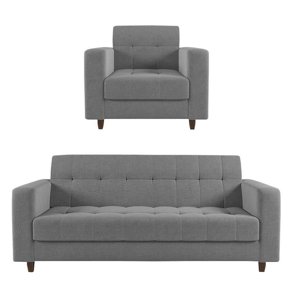 Kit 01 Sofá 03 Lugares E 01 Poltrona Arezzo Linho Grafite A26 Pés Chanfrado Tabaco - D`rossi