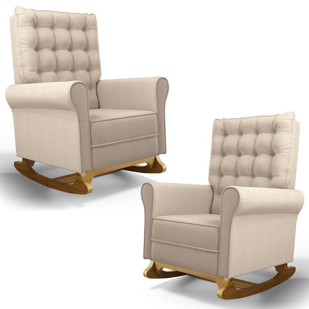 Kit 02 Poltronas De Amamentação E Descanso Base Madeira Balanço Brenda G05 Linho Creme - Mpozenato