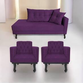 Kit Diva Recamier Azura 160cm Lado Esquerdo e 02 Poltronas Classic Suede Roxo