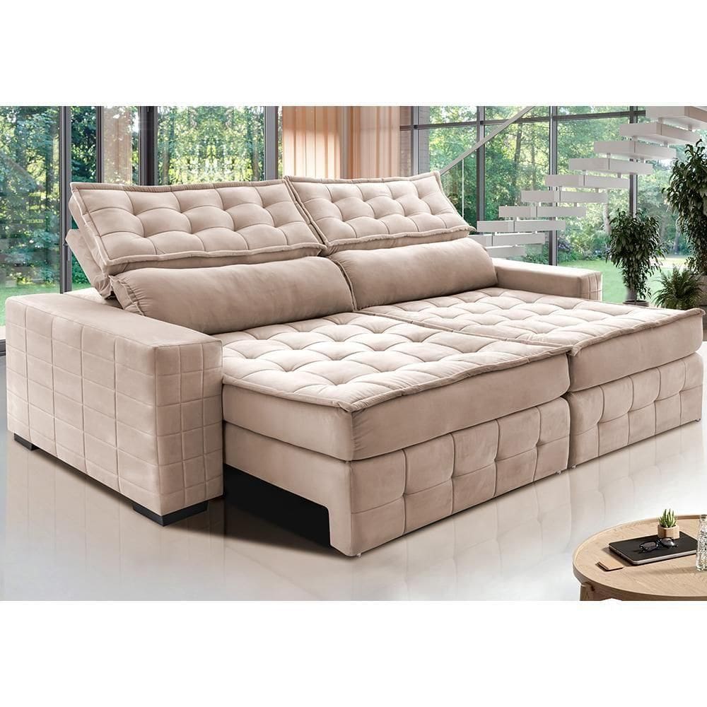 Sofá Retrátil E Reclinável 2,95M Cama Inbox Big Puffer Com SoftgelD40 Velupluma Bege