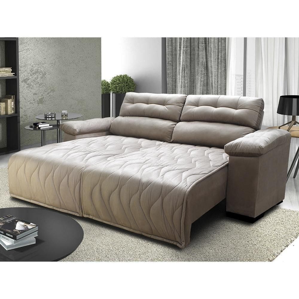 Sofá 2,52m Retrátil E Reclinável Com Molas Cama Inbox Top Tecido Suede Velusoft Bege