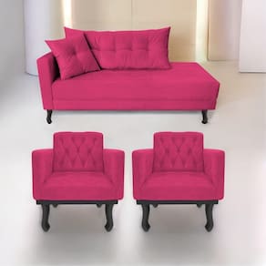 Kit Diva Recamier Azura 160Cm Lado Direito E 02 Poltronas Classic Suede - Doce Sonho Móveis Pink