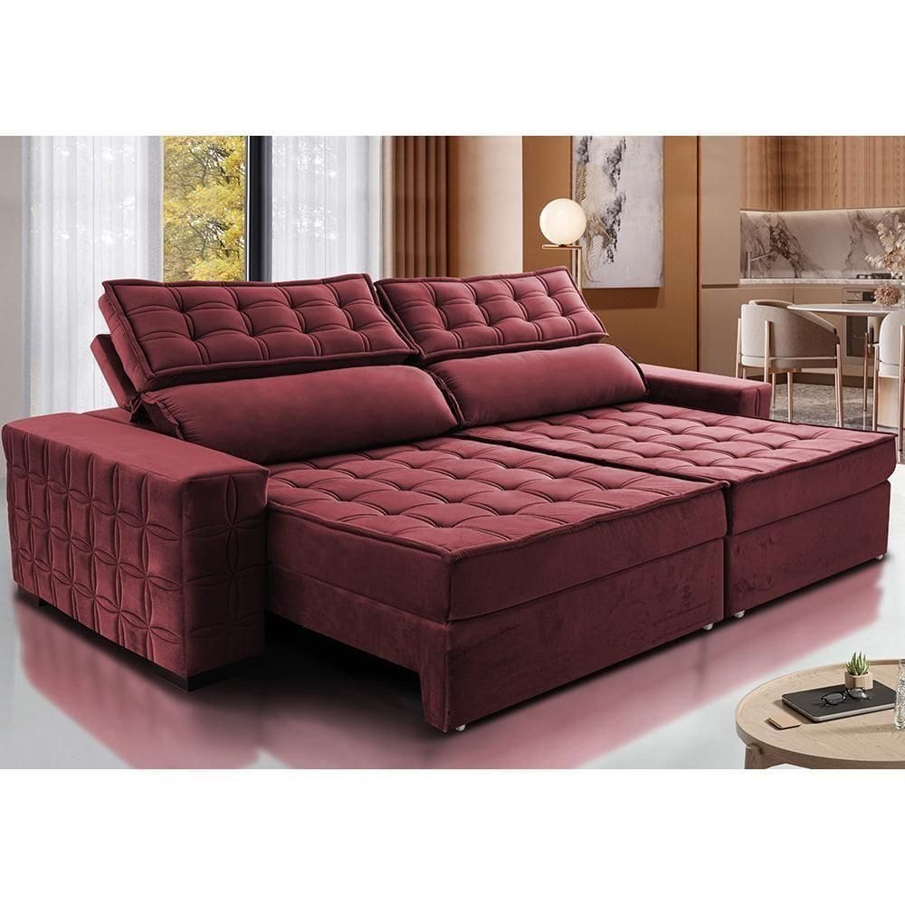 Sofá Retrátil E Reclinável 2,35M Cama Inbox Big Star Com SoftgelD40 Velupluma Vinho