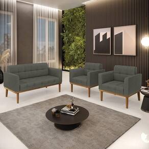 Conjunto 2 Poltronas E 1 Namoradeira Decorativa Pés Fixo Em Madeira Castanho Linho Cinza Mesclado
