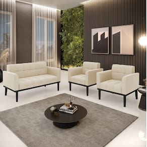Conjunto 2 Poltronas E 1 Namoradeira Decorativa Pés Fixo Em Madeira Preto Suede Bege