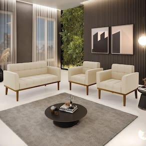 Conjunto 2 Poltronas E 1 Namoradeira Decorativa Pés Fixo Em Madeira Castanho Suede Bege