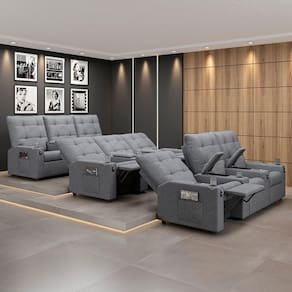 Poltrona Do Papai Reclinável Sala De Cinema Movie 3 Lugares Manual Baú Usb Linho Cinza
