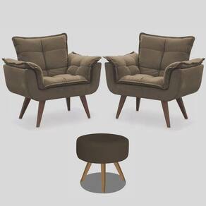 Kit 2 Poltronas Opalas Com Puff Redondo Suede Cappucino