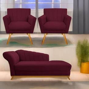 Kit Diva Recamier Vanessa 160Cm Lado Direito E 02 Poltronas Laura Suede Cor Bordô