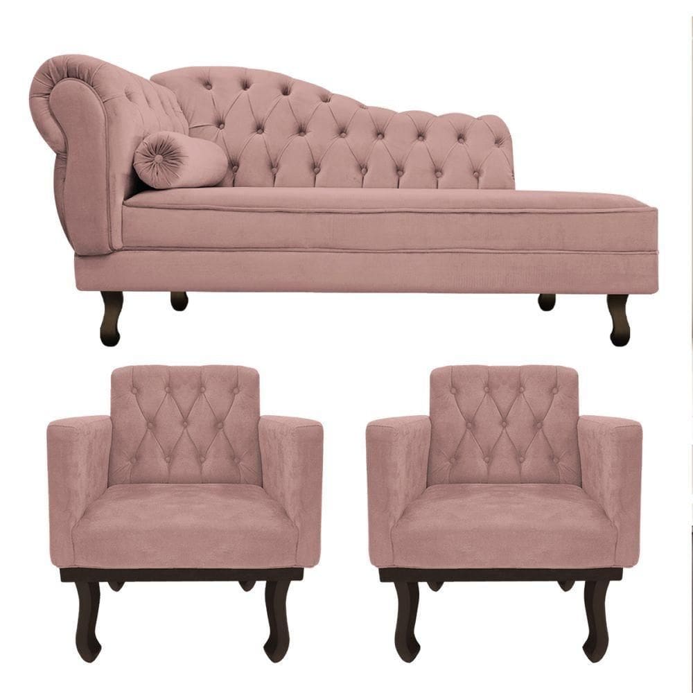 Kit Diva Recamier Diana 160Cm Lado Direito E 02 Poltronas Classic Linho - Amarena Móveis