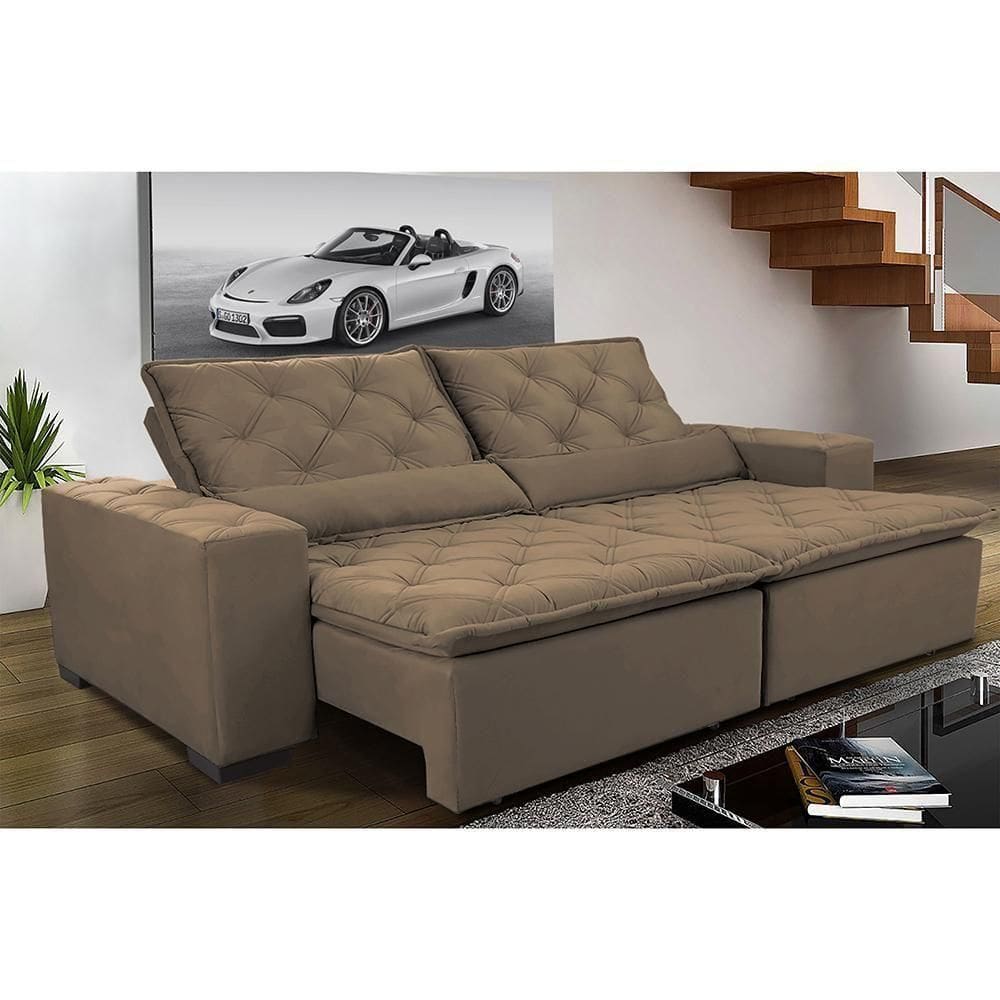 Sofá Magnum 2,62m Retrátil, Reclinável Com Molas E Almofadas Lombar Tecido Suede Velusoft Castor