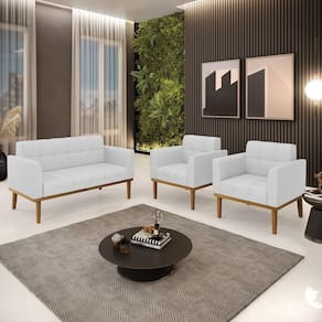 Conjunto 2 Poltronas E 1 Namoradeira Decorativa Pés Fixo Em Madeira Castanho Linho Cinza