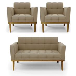 Conjunto 2 Poltronas E 1 Namoradeira Decorativa Pés Fixo Em Madeira Castanho Suede Nude