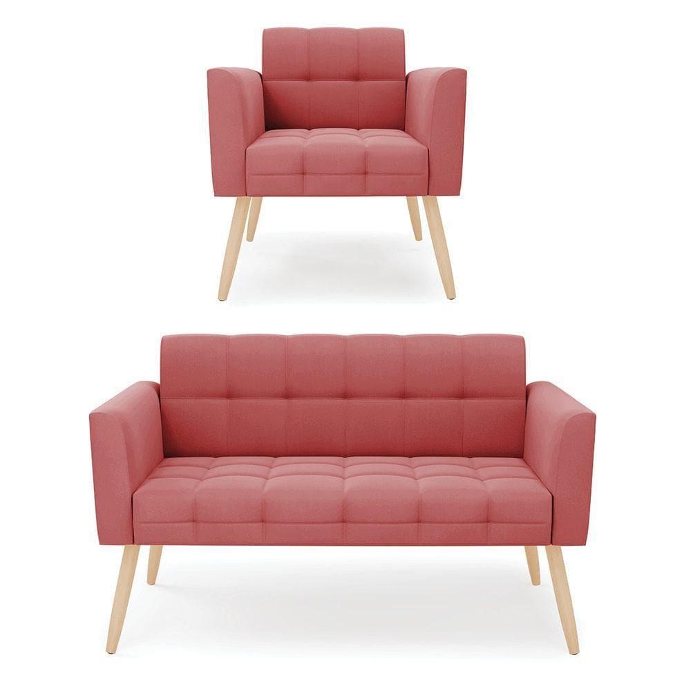Kit 1 Sofá Namoradeira E 1 Poltrona Elisa Suede Pés Palito Natural - D`rossi Cor Rose