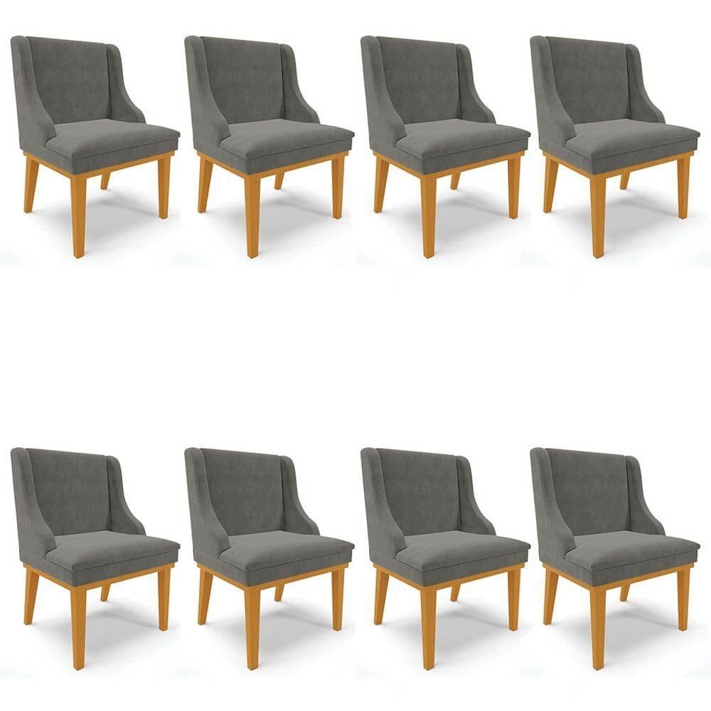 Kit 8 Cadeiras Estofadas Para Sala De Jantar Base Fixa De Madeira Castanho Lia Suede Grafite - Ibiza