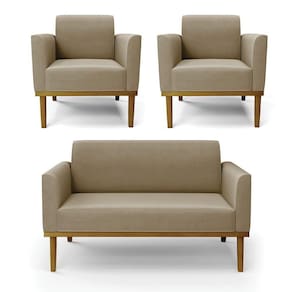 Conjunto 2 Poltronas E 1 Namoradeira Decorativa Pés Fixo Em Madeira Castanho Suede Nude