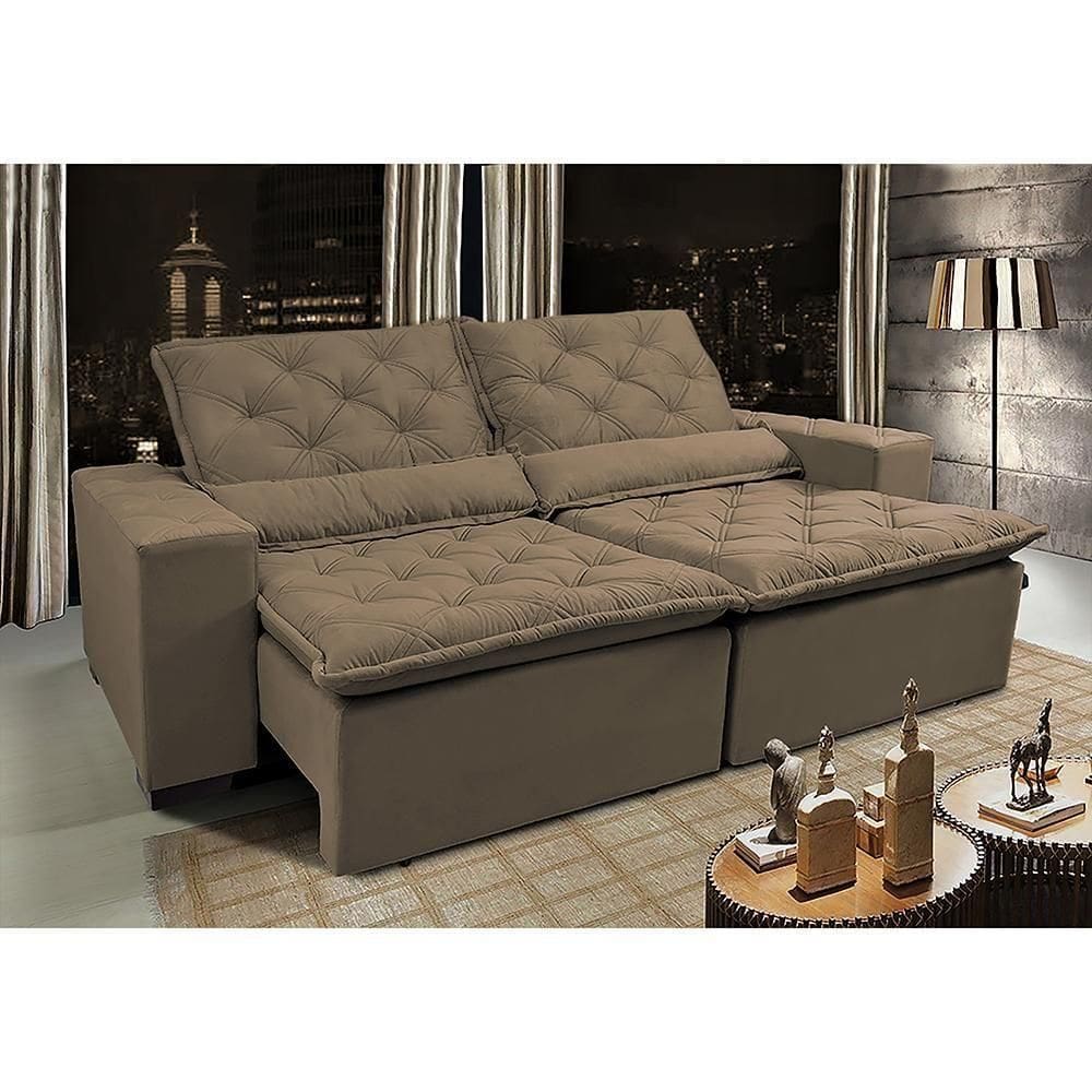 Sofá Lisboa 3,12m Retrátil, Reclinável Com Molas No Assento Tecido Suede Velusoft Castor