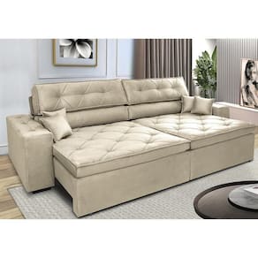 Sofá Retrátil E Reclinável 2,52m Com Molas Cama Inbox Estilo Suede Velusoft Bege