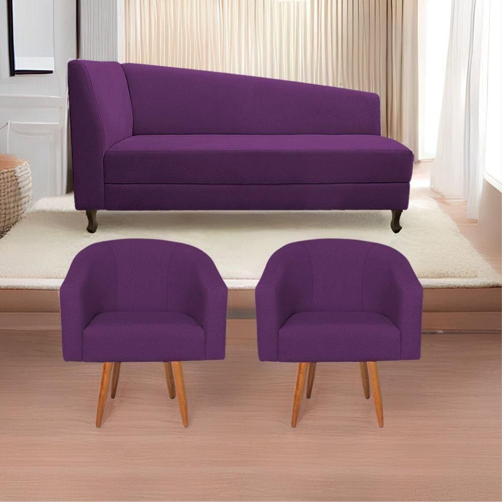 Kit Diva Recamier Heitor 160Cm Lado Direito E 02 Poltronas Luiza Suede - Doce Sonho Móveis Roxo