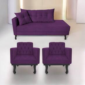 Kit Diva Recamier Azura 160cm Lado Direito e 02 Poltronas Classic Suede Roxo